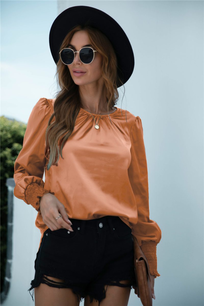 Spring Autumn Smocking Long Sleeve Solid Color round Neck Shirt - Image 3