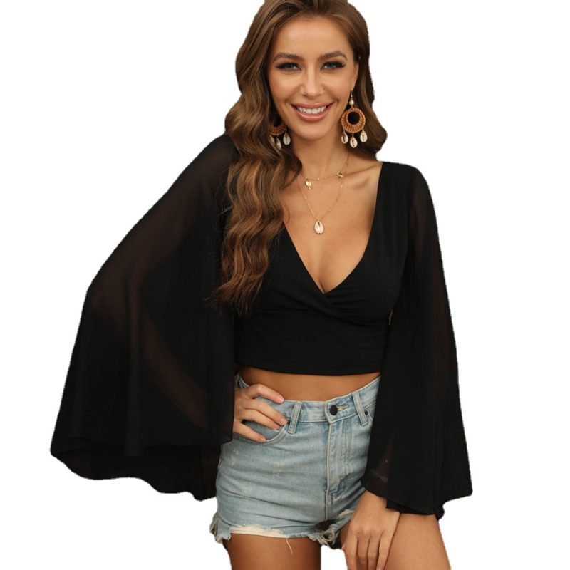Summer Chiffon Top Sexy Deep V-neck Long-Sleeved T-shirt Top - Image 5