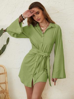 Women Clothing  Green Stand Collar Shirt  Top