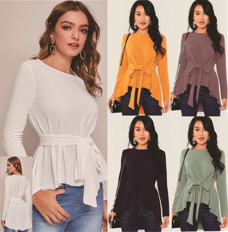 Women Pullover Solid Color round Neck Long Sleeve Office Lace-up Autumn Winter Shirt - Image 4