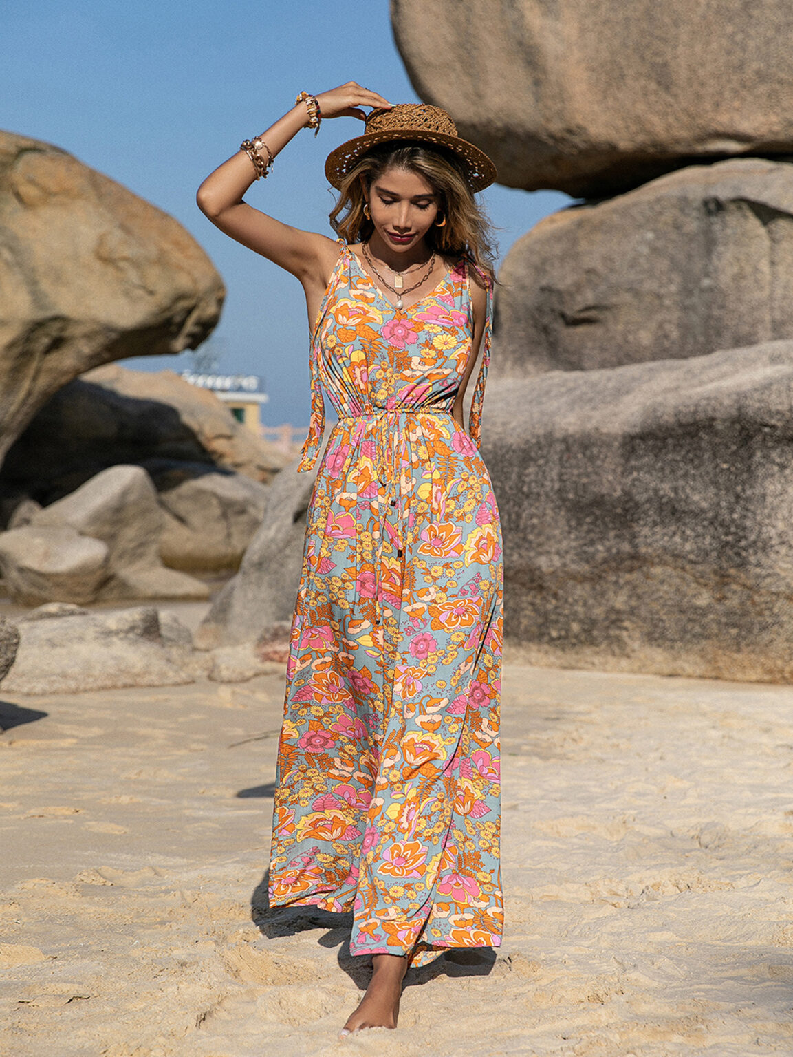Mixed Bohemian Spaghetti-Strap Floral Print Jumpsuit Backless Jumpsuit - Image 3