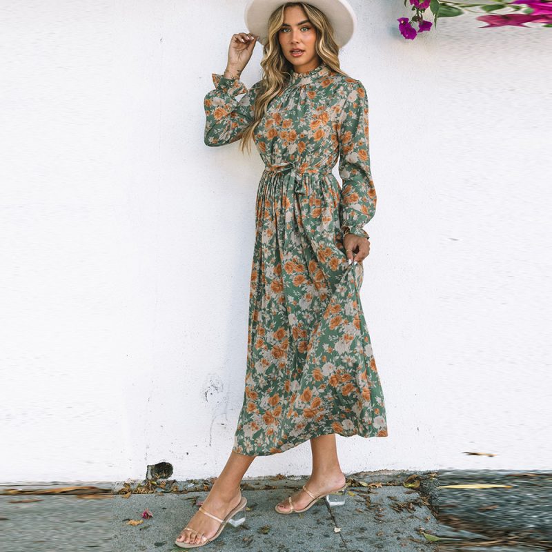 Green Pleated Long Sleeved Floral Dress with Tie Waist Trimming Dress - Image 3