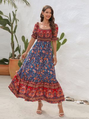 Bohemian Beach Holiday Dress off Shoulder Puff Sleeve Floral Mid Length Dress