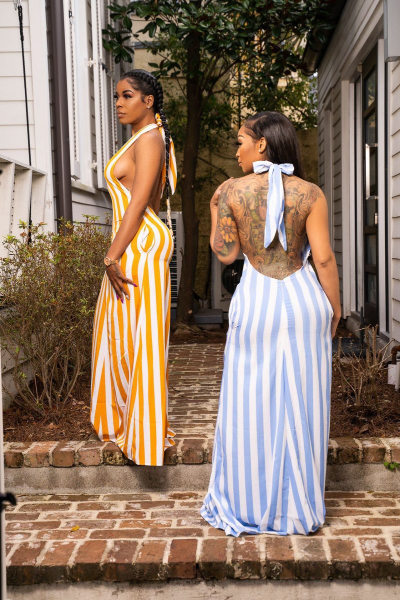 Women Clothing Sexy Stripes Halter Spaghetti Straps Backless Women Dress - Image 3