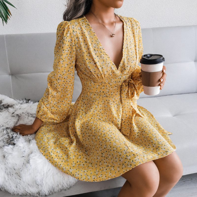 Autumn Winter Sexy V neck Long Sleeve Floral Chiffon Dress Women Clothing - Image 3