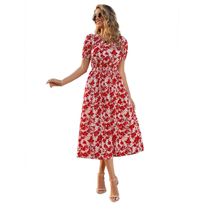 Spring Summer New Casual Long Lace-up Cropped Outfit Short Sleeve Printed Dress - Image 4