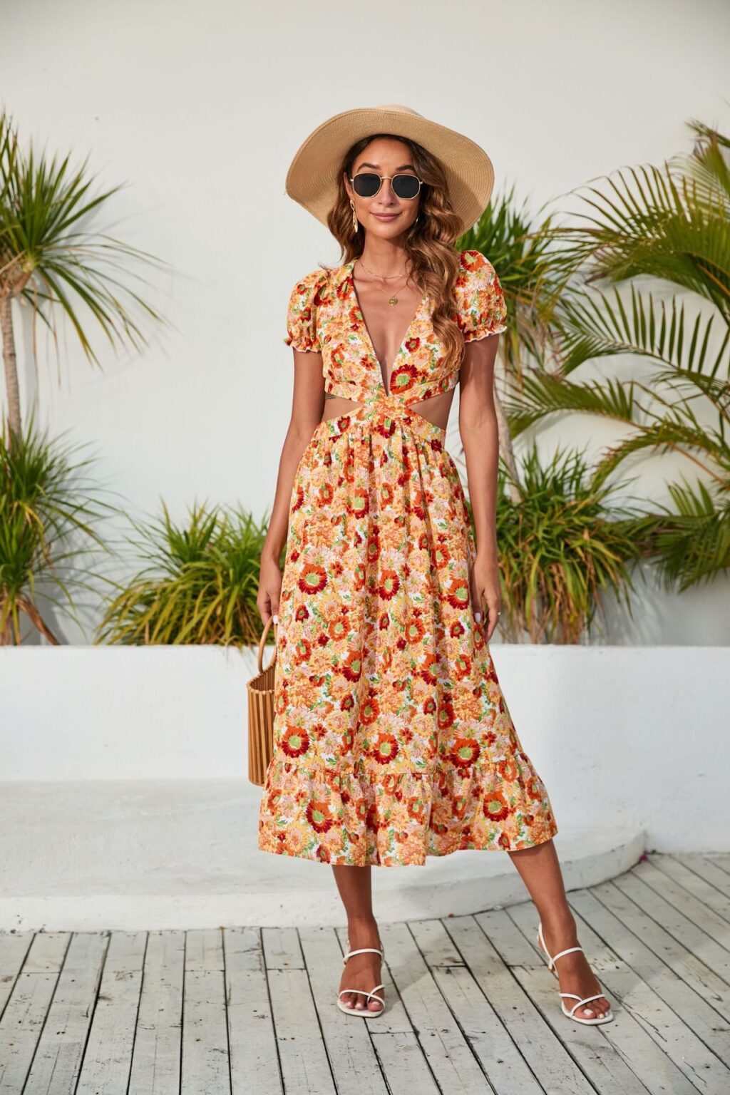 Spring Summer Women Clothing V Neck Printed Dress Backless Midi Dress
