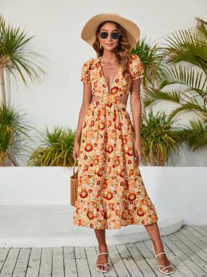 Spring Summer Women Clothing V Neck Printed Dress Backless Midi Dress