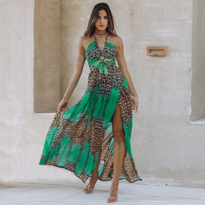 Spring Summer Halter Dress Backless Sexy Leopard Print Chiffon Dress - Image 3