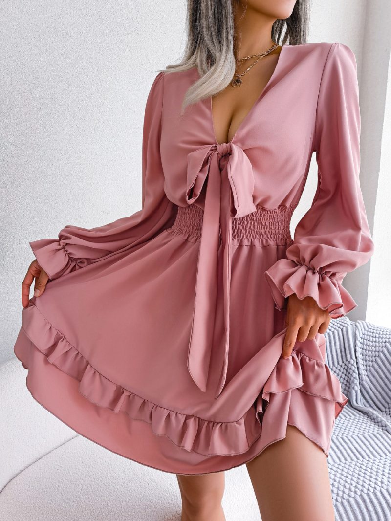 Spring Summer Casual Lace up Waist Tight Wooden Ear Swing Dress Women Clothing - Image 2