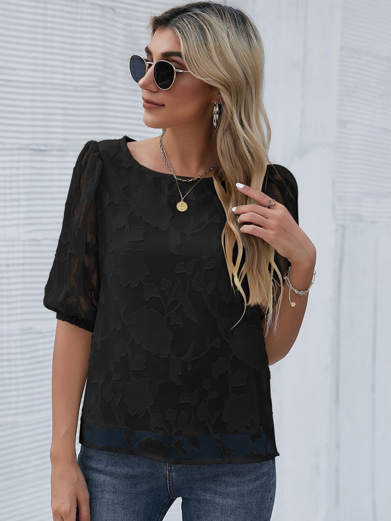 Summer Women Chiffon Floral Pullover round Neck Shirt with Half Sleeve Office Chiffon Shirt - Image 3