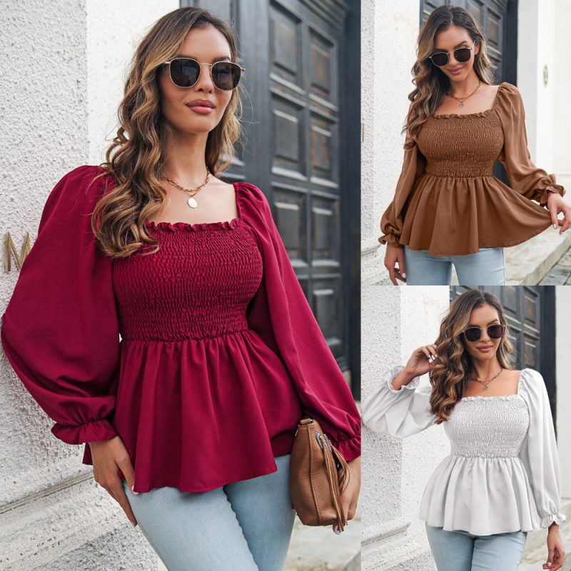 Women Clothing Autumn Winter Casual Wooden Ear Square Collar Long Sleeve Top Chiffon Shirt - Image 5