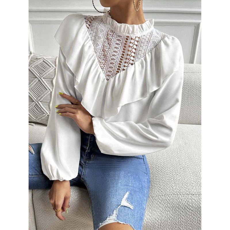 Spring Summer Lace Stitching Lotus Leaf Collar Solid Color Elegant Long Sleeve Top - Image 3