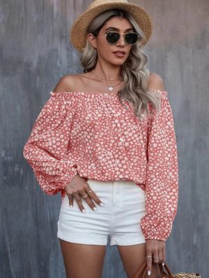 Autumn Winter Women Clothing Sexy off the Shoulder Printed Long Sleeve Loose Top T shirt