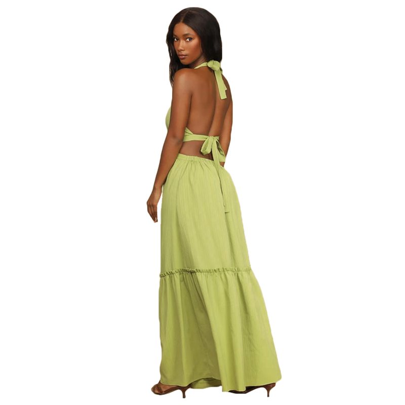 Women Clothing Summer Casual Vacation Halter Lace-up Layered Maxi Dress Tiered Dress - Image 4