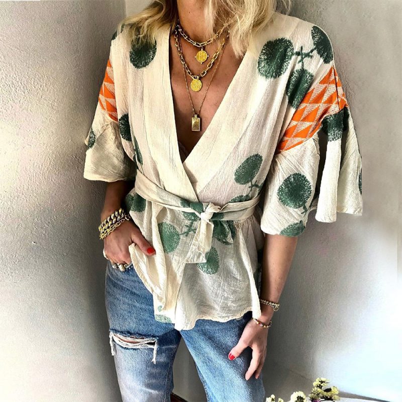 Women Wear V-neck Loose Short-Sleeved Lace-up Chiffon Shirt Top for Women - Image 2