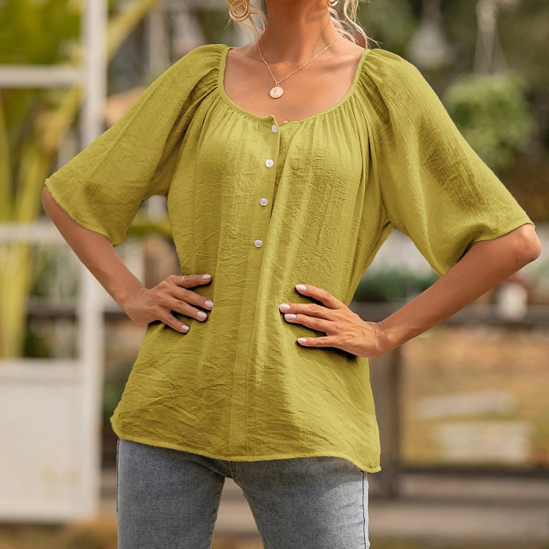 Women Clothing Button Square Collar Loose Short Sleeve Shirt Top Women - Image 4