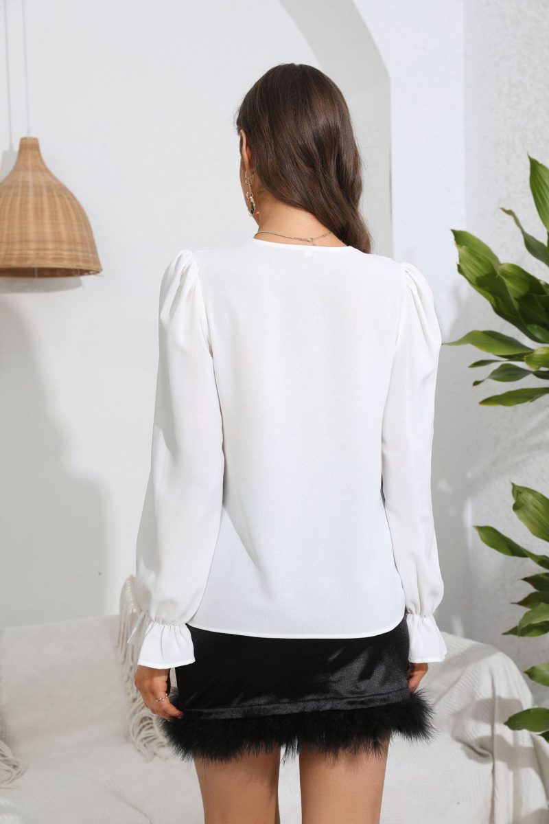Elegant Lace V neck Patchwork Cuff Ruffled Long Sleeve Shirt - Image 2