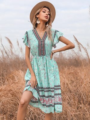 Summer Tight Waist Floral V-neck Lace-up Elastic Flared Short Sleeve Dress