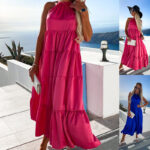 Summer Solid Color Sexy Halter Pleated Large Swing Dress - Image 4