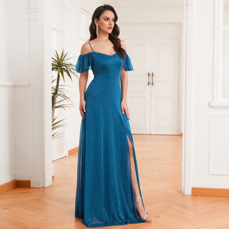 Spring Summer Off The Shoulder A Swing Side Slit Shiny Chiffon Dress Camisole Ruffled Party Dress - Image 2