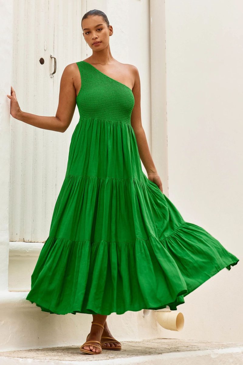 Summer Sexy Sexy Solid Color Oblique Shoulder Sleeveless Swing Dress - Image 3