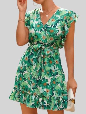 Summer Women Fresh Grass Green Floral Tight Waist Dress Fresh Sweet Beach Dress