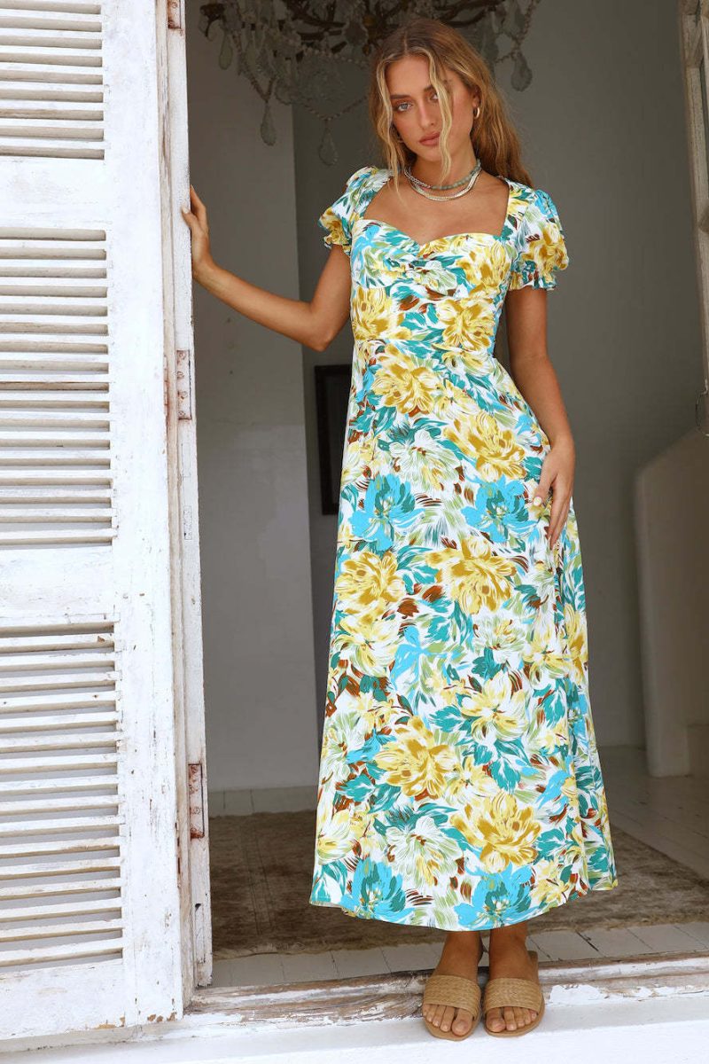 Spring Summer Square Collar Short Sleeve Maxi Dress Wild Casual Dress