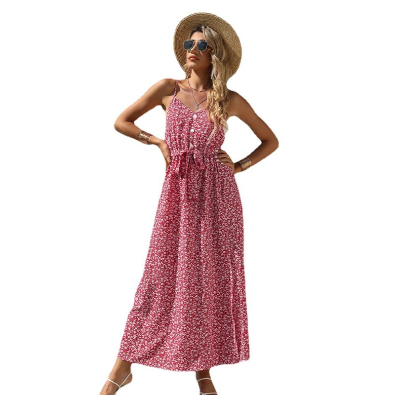 Summer Floral Print V-neck Belt Strap Dress Large Swing Dress For Women Sundress - Image 5