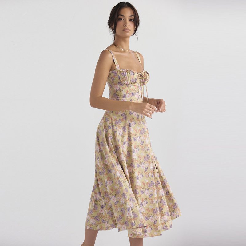 Women Clothing High Waist Slit Floral Strap Dress Women Socialite Vacation Dress - Image 3