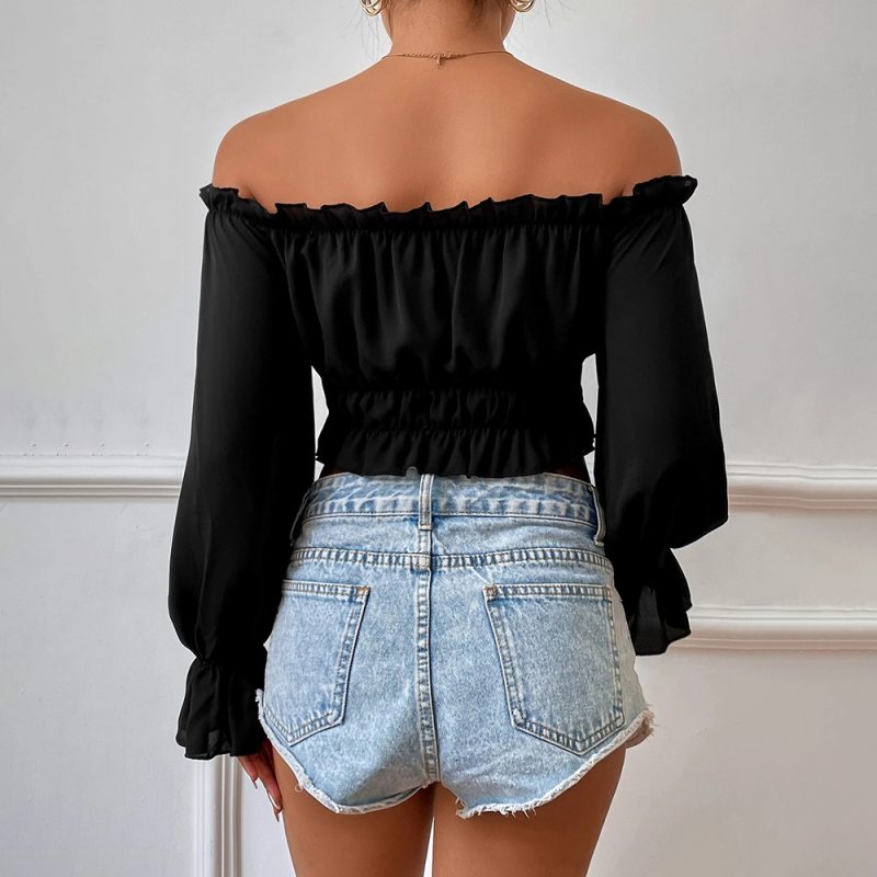Women Clothing Autumn Sexy Casual Home Waist Tight Wooden Leaf Collar Long Sleeve Women Shirt Top - Image 4