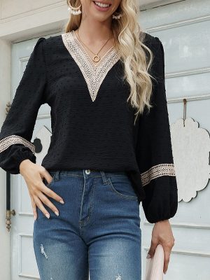 Long Sleeve V neck Top Women Clothing Jacquard Casual Shirt