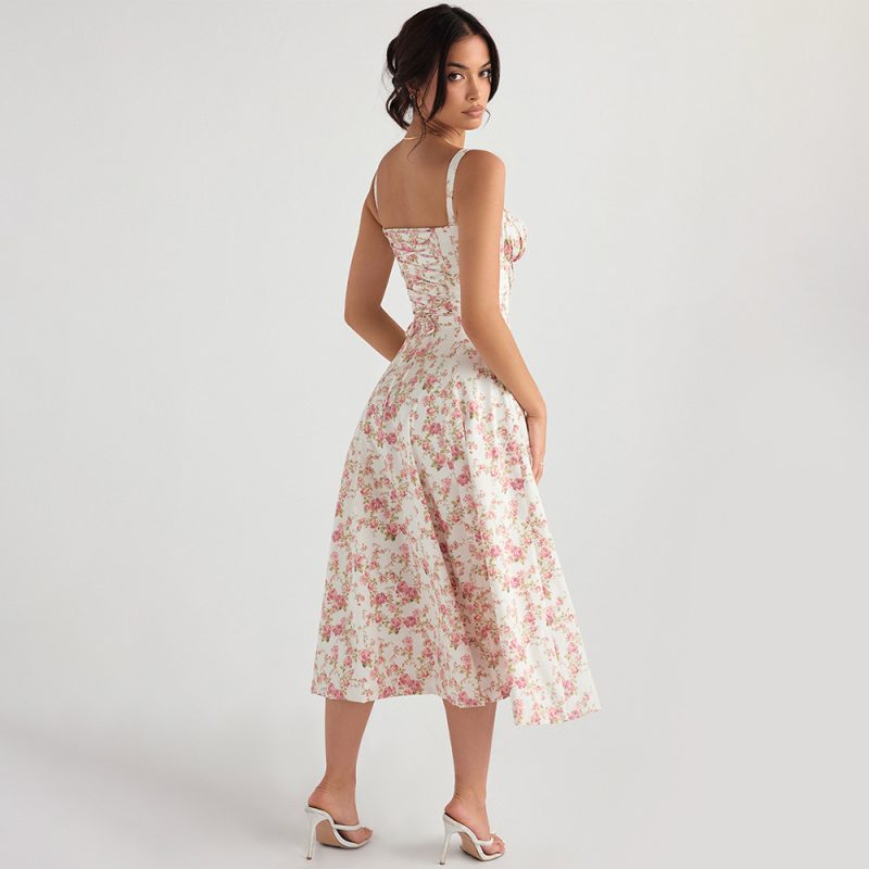 Summer Women Dress Slim Fit Slit Floral  Hollow Out Hollow Out Cutout Backless Strap Dress - Image 2