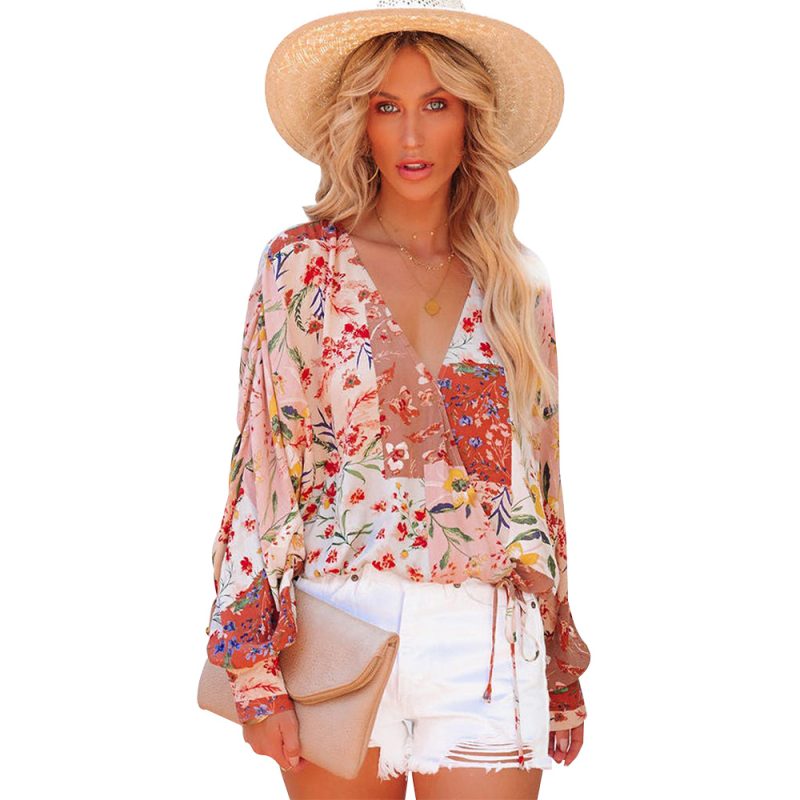 Spring Summer Floral V-neck Long Sleeve Loose Casual Shirt - Image 4