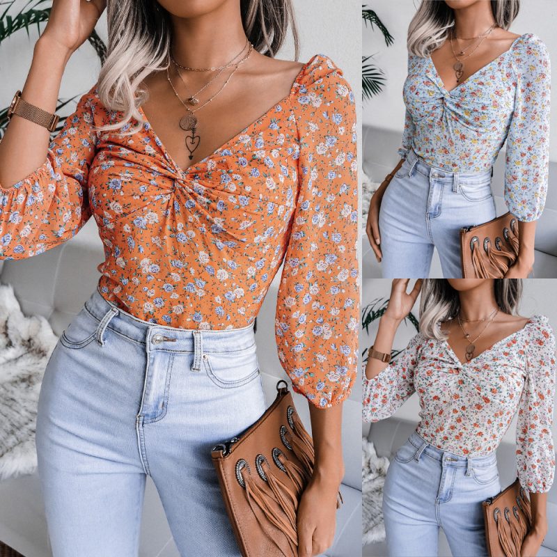 Autumn Winter Sexy V-neck Knotted Floral Chiffon Shirt Top Women Clothing - Image 5