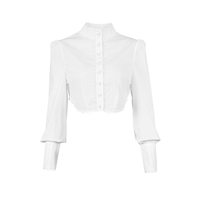 Autumn Chinese Collar High-Necked Short Top Lace White Shirt cropped Workplace Long Sleeve Women - Image 5