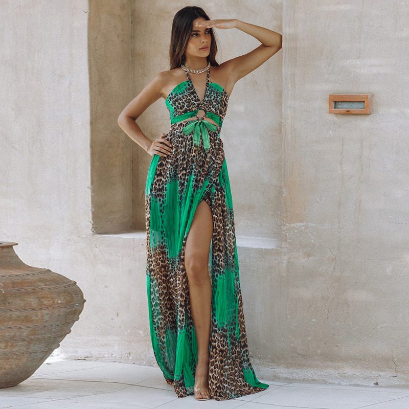 Spring Summer Halter Dress Backless Sexy Leopard Print Chiffon Dress