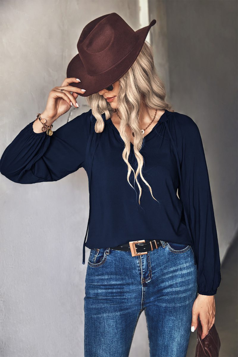 Autumn Winter Solid Color V neck Long Sleeve Top - Image 4