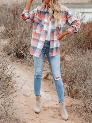 Autumn Casual Women Collared Loose Plaid Mid Length Blouse