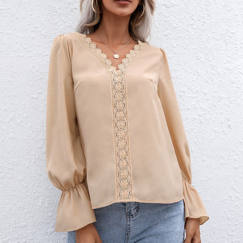 Autumn Elegant V-neck Hollow Out Hollow Out Cutout Lace Long Sleeve Shirt for Women - Image 2