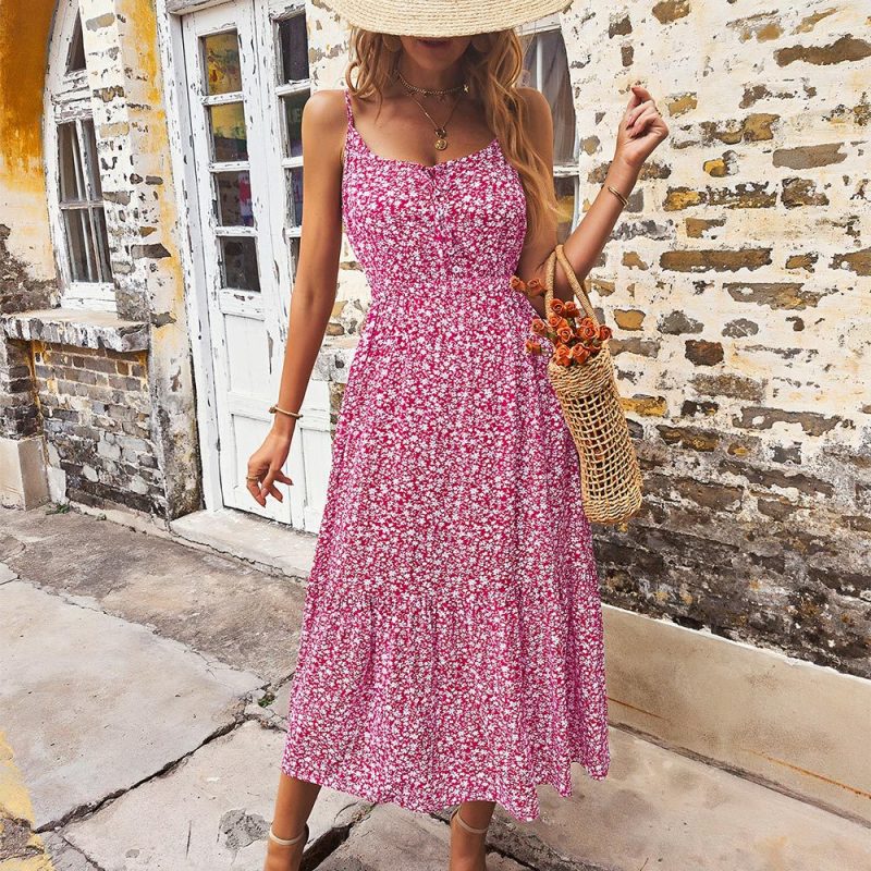 Spring Summer Printed Strap Lace up Vacation Dress - Image 2