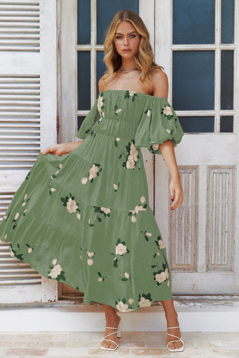 Women Clothing off the Shoulder Bubble Sleeve Printed Dress - Image 2