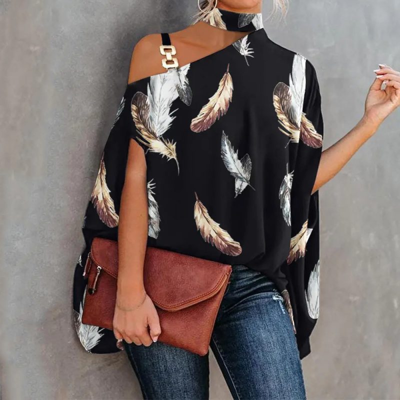 Summer Wish Women Clothing Printed Sexy Diagonal Collar Loose Top - Image 2