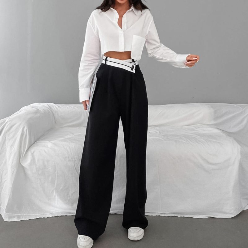 Spring Summer Office Contrast Color Work Pant Women  Casual Draping Mopping Pants Wide Leg Pants Design Women  Clothing - Image 3