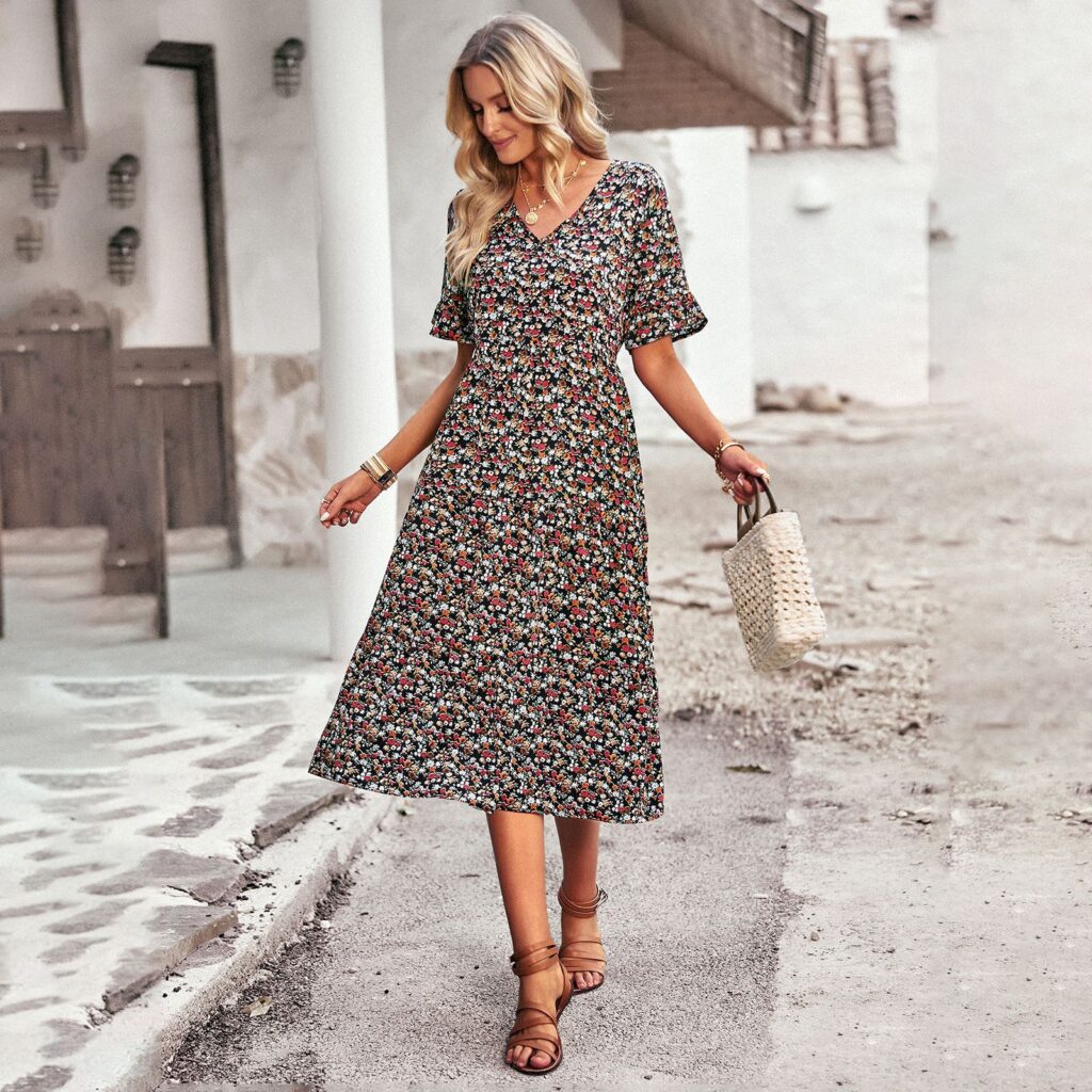 V neck Elegant Dress Summer Short Sleeve Vacation Dress - Image 3