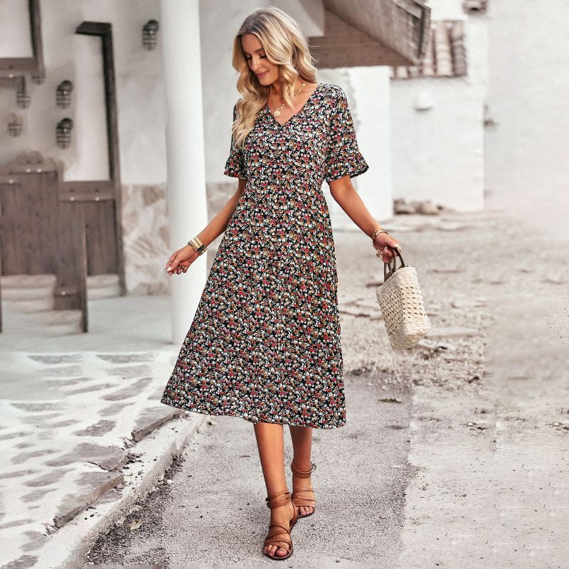 V neck Elegant Dress Summer Short Sleeve Vacation Dress - Image 3