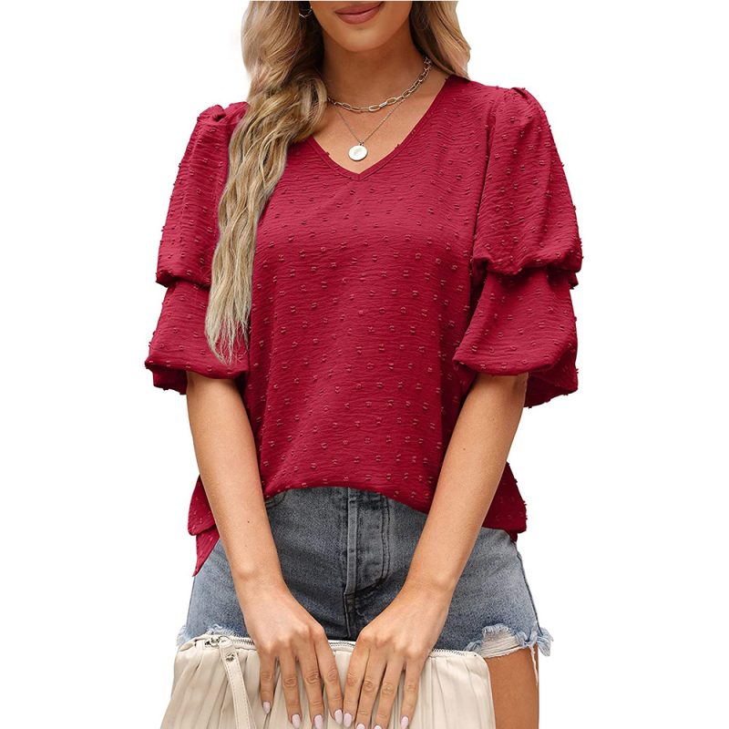 Women Clothing Spring Summer V neck Chiffon Bishop Sleeves Top Fur Ball Shirt - Image 2