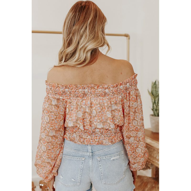Sexy off-Shoulder off-Shoulder Long-Sleeved Top Women Spring Autumn Waist-Tight Floral T-shirt - Image 2