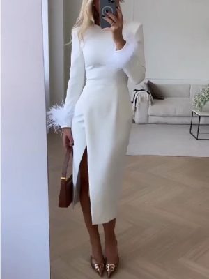 Women  Slit round Neck Feather Long Sleeve Dress