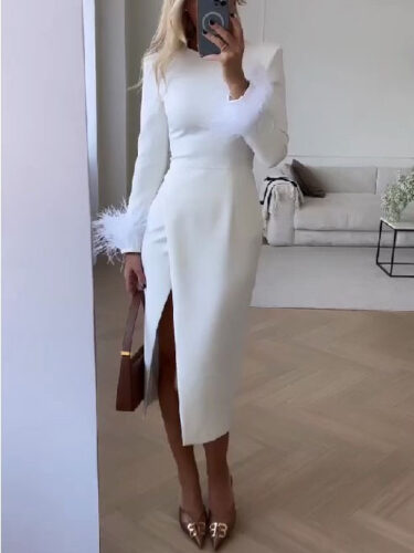 Women  Slit round Neck Feather Long Sleeve Dress